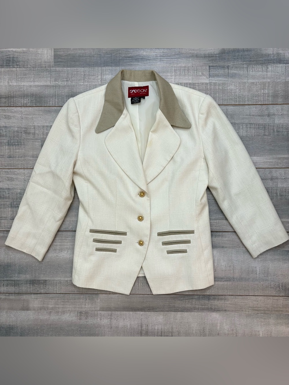 Vintage Sasson New York Blazer Women’s 4 Cream Y2K Contrast Collar Gold Buttons